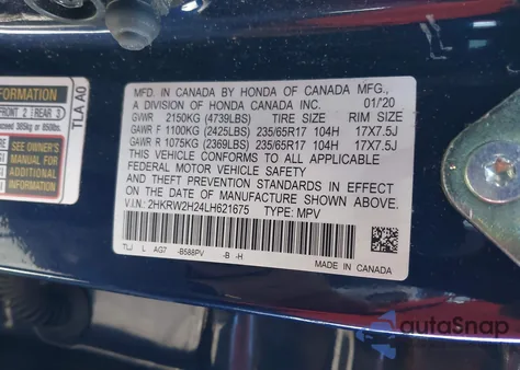 2020 Honda Cr-V Awd Lx z USA, uszkodzony, nr VIN 2HKRW2H24LH621675